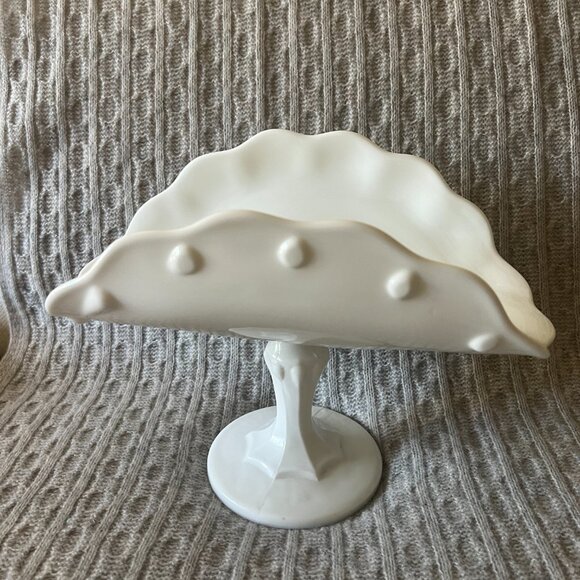 Vintage Milk Glass Banana Boat Pedestal Dish - Teardrop - Dot Pattern by Indiana - Picture 3 of 11